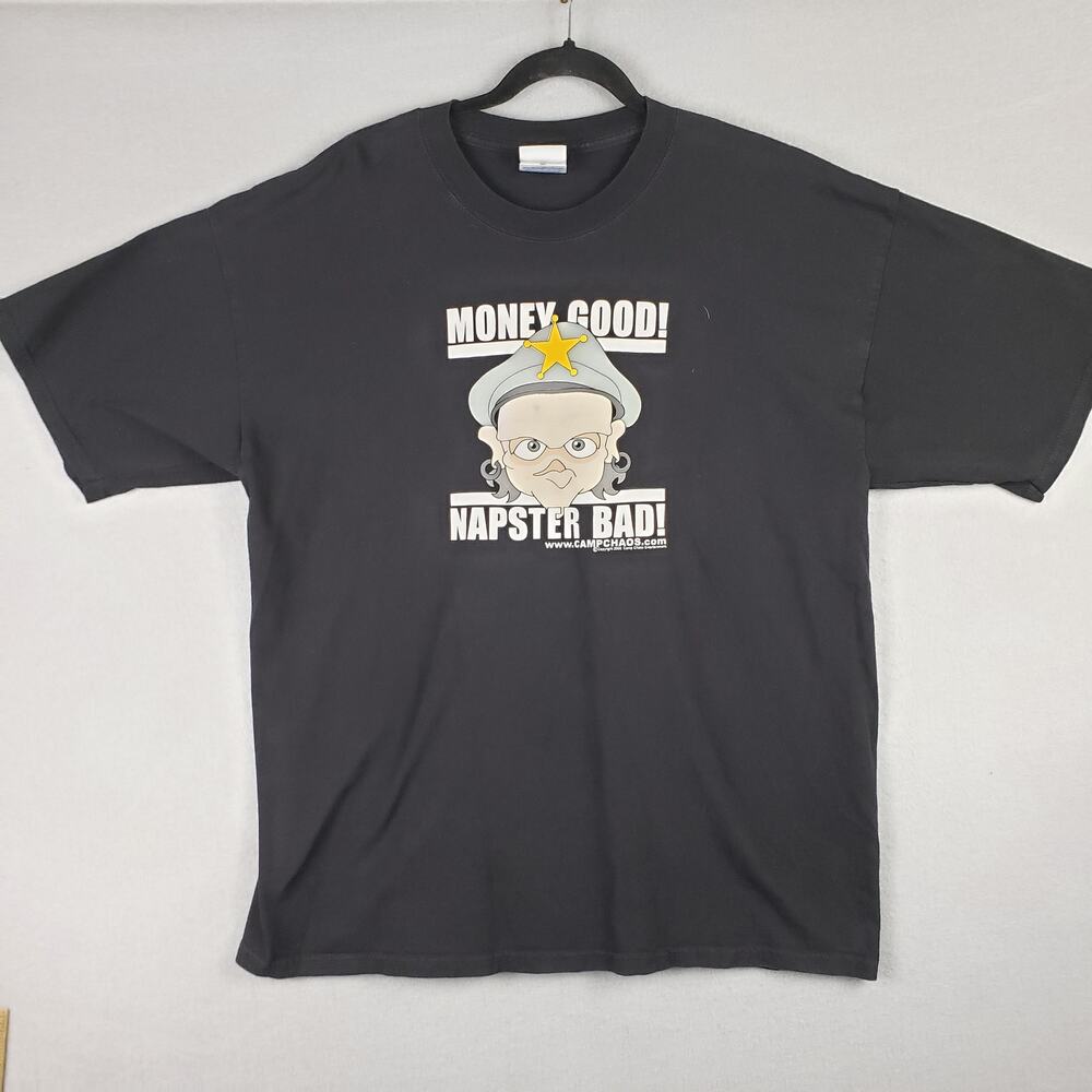 Y2K Campus Chaos Black Graphic Tee Money Good Napster Bad Cop Humor 2000 Size XL